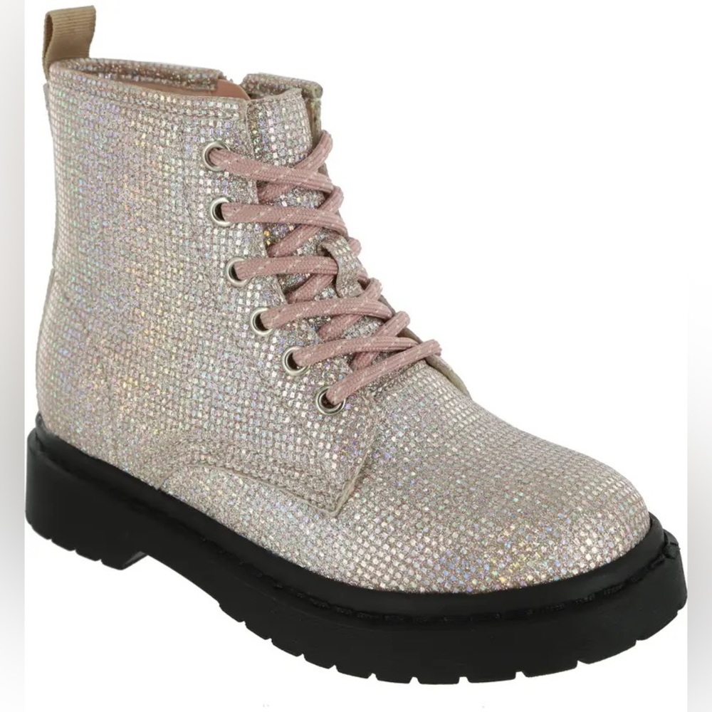 MIA Kids' Jayn Glitter Lug Sole Lace-Up Boot…Sz: 5M…Color: Rose Gold